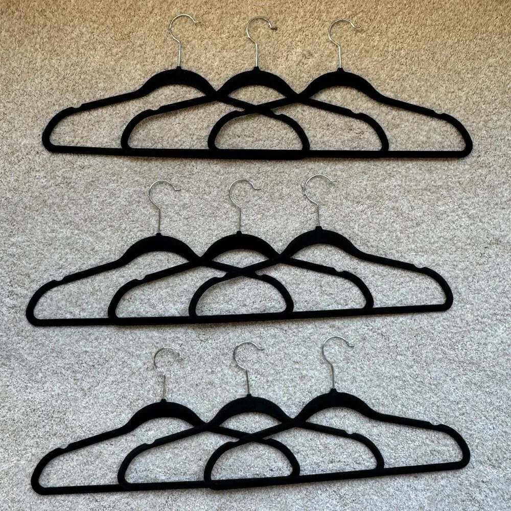 Set of 12 Velvet Non-Slip Hangers, Heavy Duty, Slim Profile - Black Silver Hook